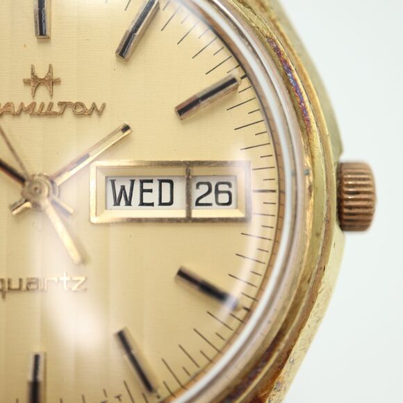 Vintage Hamilton Men Day Date Watch 37mm Gold Pin Stripe 14k Plated 707004 WORKS - Picture 3 of 16